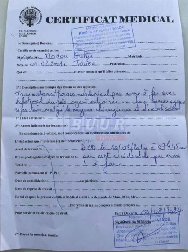 Mort de Modou Guèye: Les révélations du certificat de décès Mort de Modou Guèye: Les révélations du certificat de décès