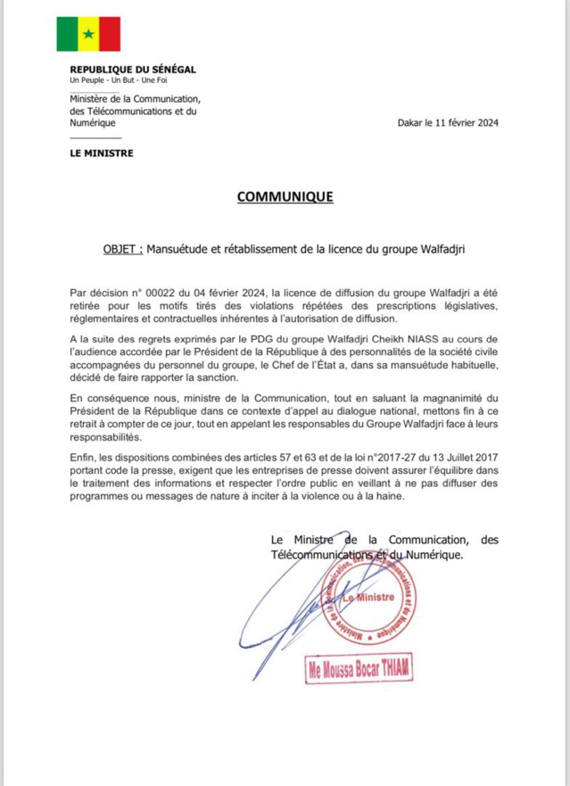 Rétablissement de la licence de Walf : les explications du ministre de la Communication, Me Moussa Bocar Thiam Rétablissement de la licence de Walf : les explications du ministre de la Communication, Me Moussa Bocar Thiam