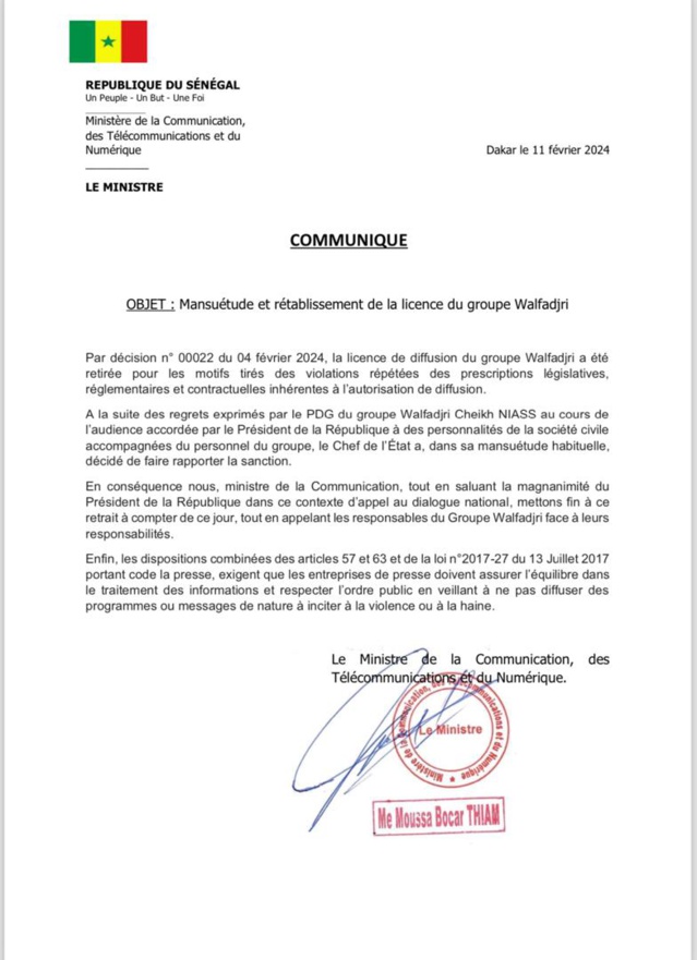 Rétablissement de la licence de Walf : les explications du ministre de la Communication, Me Moussa Bocar Thiam