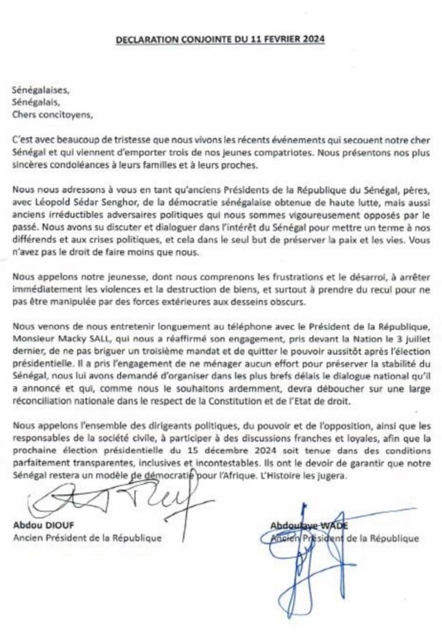 Les deux anciens Présidents du SÉNÉGAL (Abdou Diouf et Me Abdoulaye Wade) appellent au dialogue Les deux anciens Présidents du SÉNÉGAL (Abdou Diouf et Me Abdoulaye Wade) appellent au dialogue