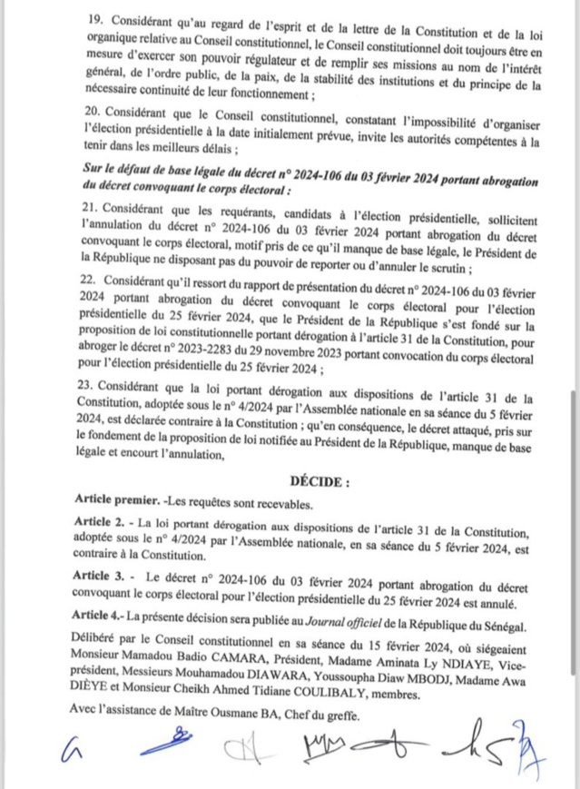 Le Conseil constitutionnel annule le décret de Macky Sall portant abrogation du décret convoquant le corps électoral Le Conseil constitutionnel annule le décret de Macky Sall portant abrogation du décret convoquant le corps électoral