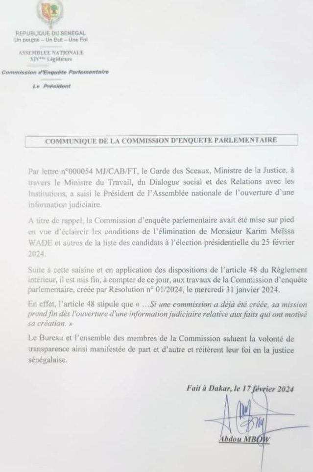 COMMUNIQUE DE LA COMMISSION D’ENQUETE PARLEMENTAIRE COMMUNIQUE DE LA COMMISSION D’ENQUETE PARLEMENTAIRE