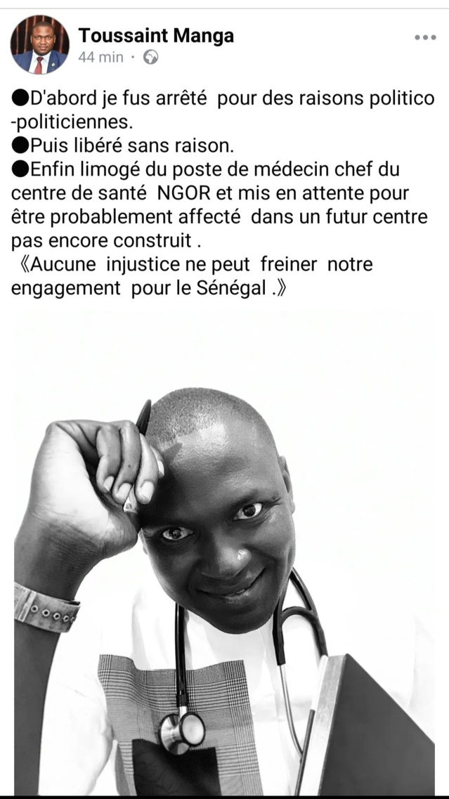 Centre de santé de Ngor : Toussaint Manga annonce son limogeage de son poste de médecin-chef Centre de santé de Ngor : Toussaint Manga annonce son limogeage de son poste de médecin-chef