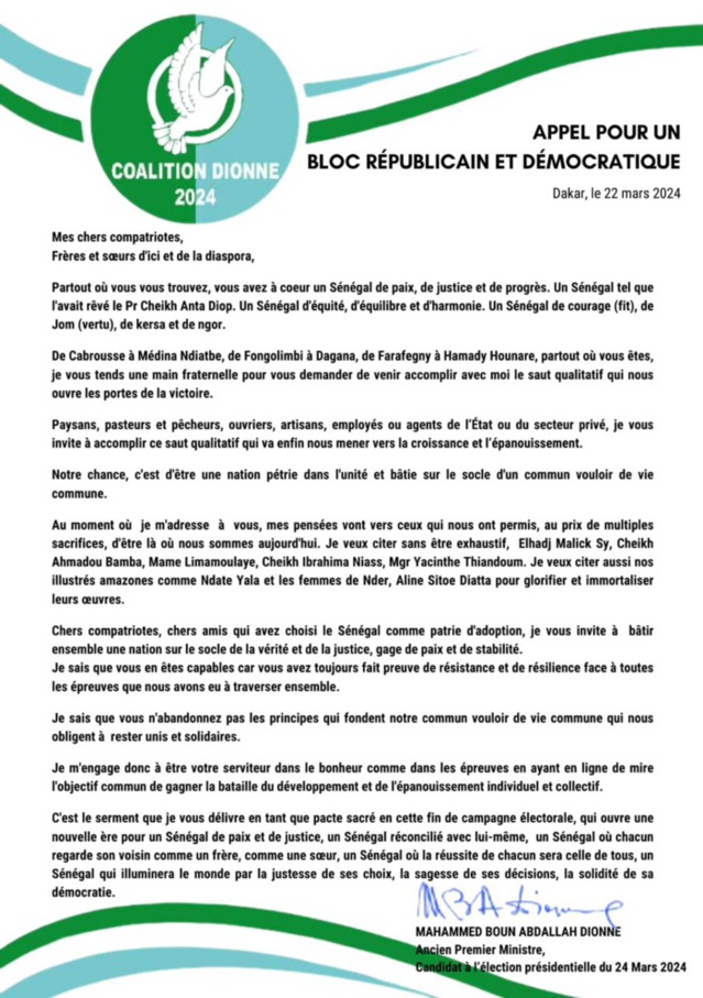 Veille élection présidentielle 2024 : Le candidat Mahammed Boun Abdallah Dionne écrit aux Sénégalais… Veille élection présidentielle 2024 : Le candidat Mahammed Boun Abdallah Dionne écrit aux Sénégalais…
