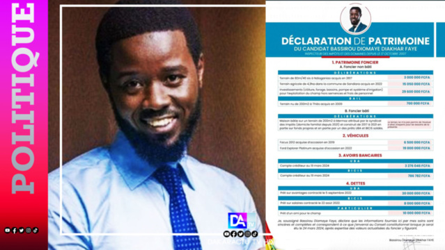 Présidentielle 2024 : Voici la déclaration de patrimoine de Bassirou Diomaye Faye Présidentielle 2024 : Voici la déclaration de patrimoine de Bassirou Diomaye Faye