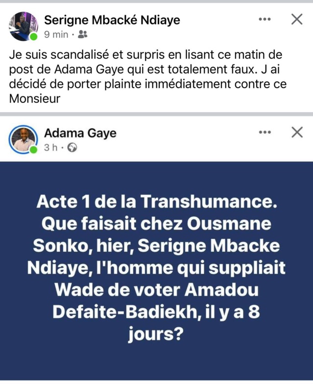 Supposée visite chez Sonko: le ministre Serigne Mbacké Ndiaye dément et annonce une plainte contre Adama Gaye Supposée visite chez Sonko: le ministre Serigne Mbacké Ndiaye dément et annonce une plainte contre Adama Gaye