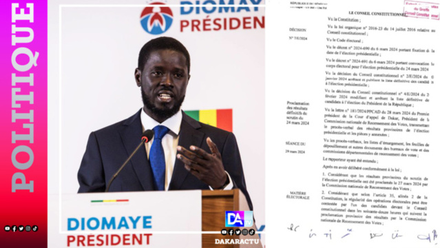 Scrutin du 24 mars 2024: Le conseil constitutionnel confirme Bassirou Diomaye Faye, 5e président de la république du Sénégal Scrutin du 24 mars 2024: Le conseil constitutionnel confirme Bassirou Diomaye Faye, 5e président de la république du Sénégal