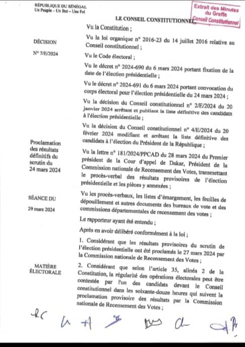 Scrutin du 24 mars 2024: Le conseil constitutionnel confirme Bassirou Diomaye Faye, 5e président de la république du Sénégal Scrutin du 24 mars 2024: Le conseil constitutionnel confirme Bassirou Diomaye Faye, 5e président de la république du Sénégal