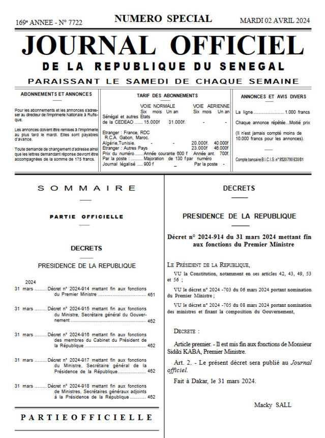 Fin de règne: Macky met fin par décrets aux fonctions du Pm, des membres de son Cabinet, du secrétaire Général du Gouvernement Seydou Guèye Fin de règne: Macky met fin par décrets aux fonctions du Pm, des membres de son Cabinet, du secrétaire Général du Gouvernement Seydou Guèye