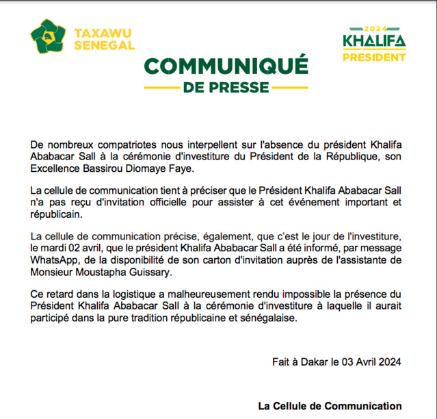 Absence de Khalifa à l'investiture de Diomaye : les précisions de Taxawu Senegal Absence de Khalifa à l'investiture de Diomaye : les précisions de Taxawu Senegal