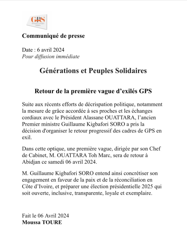 Guillaume Soro annonce le retour à Abidjan de la première vague d’exilés de GPS Guillaume Soro annonce le retour à Abidjan de la première vague d’exilés de GPS