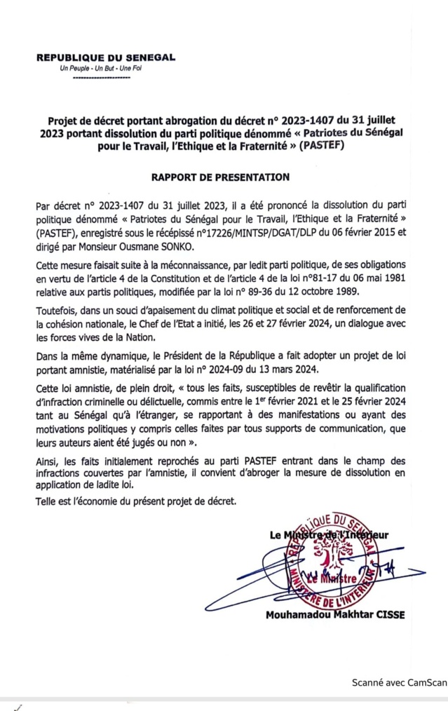 LE DÉCRET ABROGEANT LE DÉCRET PORTANT DISSOLUTION DE PASTEF EST SIGNÉ LE 27 MARS 2024 PAR MACKY SALL.