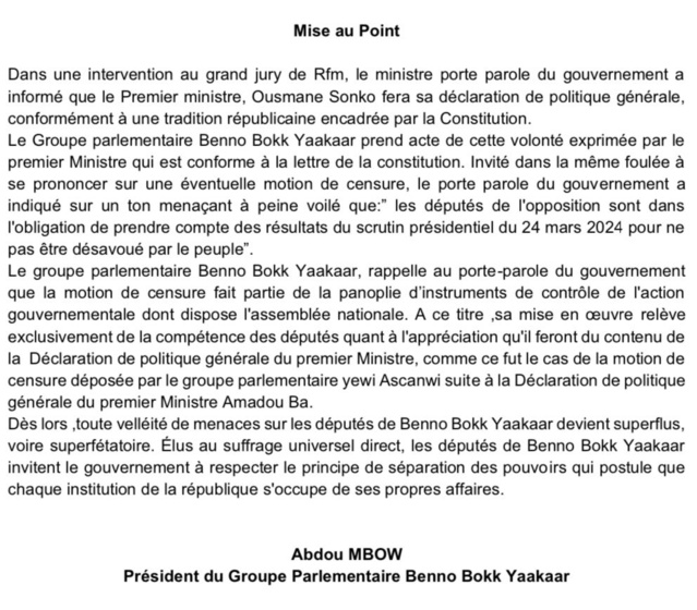 URGENT- Mise au point du Pr du groupe parlementaire de Benno (Abdou Mbow) 