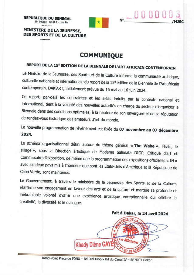Sénégal: la 15e édition de la biennale de l’art africain contemporain de Dakar officiellement reportée au 7 novembre Sénégal: la 15e édition de la biennale de l’art africain contemporain de Dakar officiellement reportée au 7 novembre