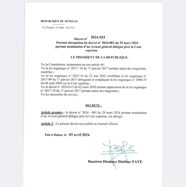 Nominations récentes au CSM: Le président Bassirou Diomaye Faye annule tous les décrets de Macky Sall Nominations récentes au CSM: Le président Bassirou Diomaye Faye annule tous les décrets de Macky Sall