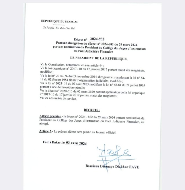 Nominations récentes au CSM: Le président Bassirou Diomaye Faye annule tous les décrets de Macky Sall Nominations récentes au CSM: Le président Bassirou Diomaye Faye annule tous les décrets de Macky Sall