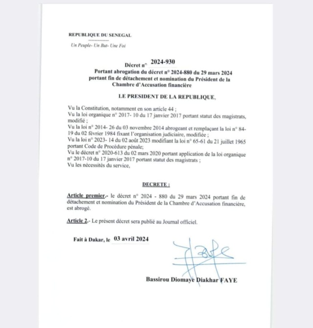 Nominations récentes au CSM: Le président Bassirou Diomaye Faye annule tous les décrets de Macky Sall Nominations récentes au CSM: Le président Bassirou Diomaye Faye annule tous les décrets de Macky Sall