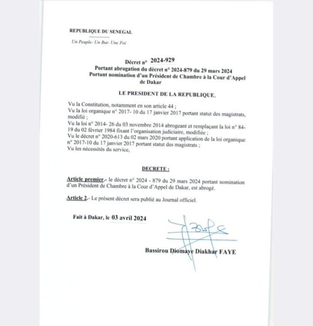 Nominations récentes au CSM: Le président Bassirou Diomaye Faye annule tous les décrets de Macky Sall Nominations récentes au CSM: Le président Bassirou Diomaye Faye annule tous les décrets de Macky Sall