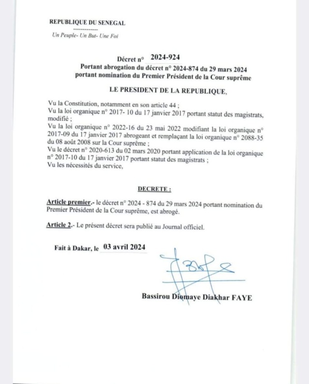 Nominations récentes au CSM: Le président Bassirou Diomaye Faye annule tous les décrets de Macky Sall Nominations récentes au CSM: Le président Bassirou Diomaye Faye annule tous les décrets de Macky Sall