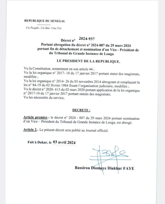 Nominations récentes au CSM: Le président Bassirou Diomaye Faye annule tous les décrets de Macky Sall Nominations récentes au CSM: Le président Bassirou Diomaye Faye annule tous les décrets de Macky Sall