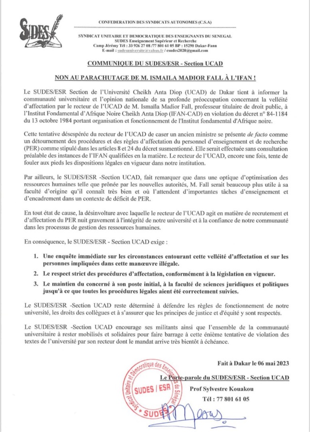 UCAD | LE SUDES CONTRE L’AFFECTATION DU PROFESSEUR ISMAÏLA MADIOR FALL À L’IFAN UCAD | LE SUDES CONTRE L’AFFECTATION DU PROFESSEUR ISMAÏLA MADIOR FALL À L’IFAN