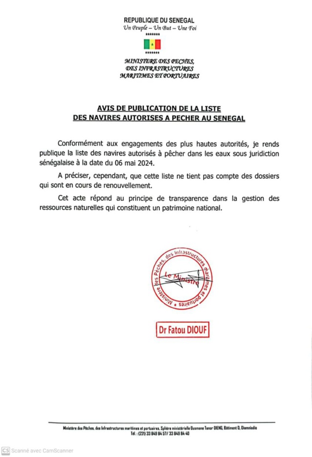 DR FATOU DIOUF PUBLIE LA LISTE DES NAVIRES AUTORISES A PECHER DANS EAUX SOUS JURIDICTION SENEGALAISE DR FATOU DIOUF PUBLIE LA LISTE DES NAVIRES AUTORISES A PECHER DANS EAUX SOUS JURIDICTION SENEGALAISE