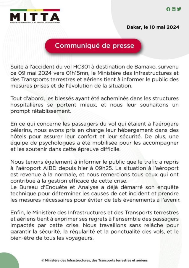 Après la sortie de piste d’un Boeing de TRANSAIR, le ministère des infrastructures, des transports terrestres et aériens fait le point