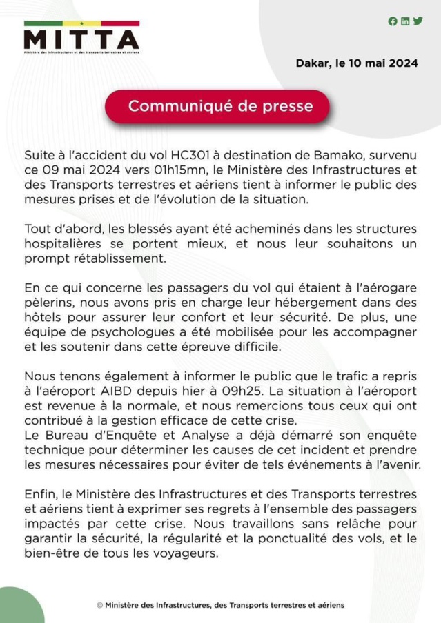 Après la sortie de piste d’un Boeing de TRANSAIR, le ministère des infrastructures, des transports terrestres et aériens fait le point Après la sortie de piste d’un Boeing de TRANSAIR, le ministère des infrastructures, des transports terrestres et aériens fait le point