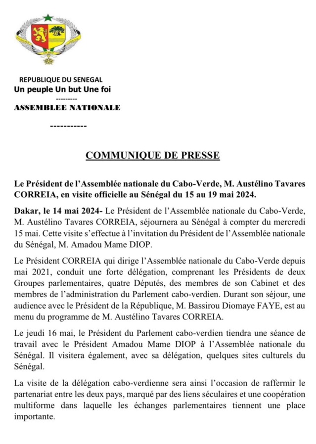Attendu demain à Dakar, le point sur le séjour du président de l’Assemblée nationale du Cap-Vert Attendu demain à Dakar, le point sur le séjour du président de l’Assemblée nationale du Cap-Vert