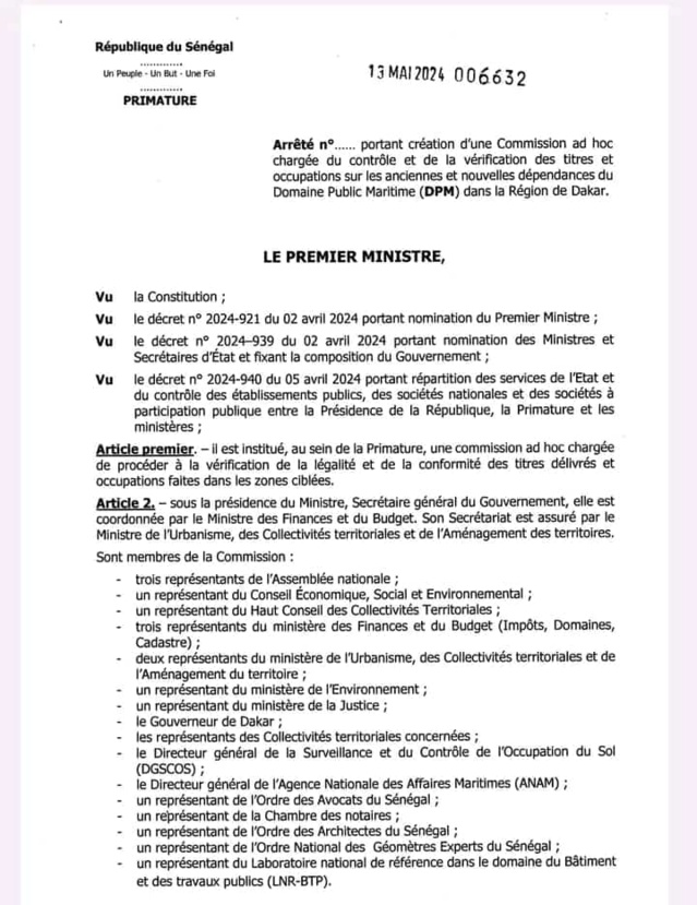 Le PM Ousmane Sonko ordonne à la DSCOS la suspension des constructions sur le Domaine Public Maritime Le PM Ousmane Sonko ordonne à la DSCOS la suspension des constructions sur le Domaine Public Maritime