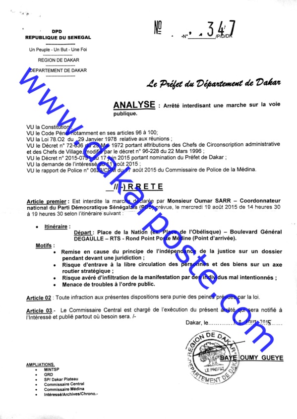 EXCLUSIF DAKARPOSTE!   Voci l'arrêté du Préfet de Dakar interdisant la marche du Pds!