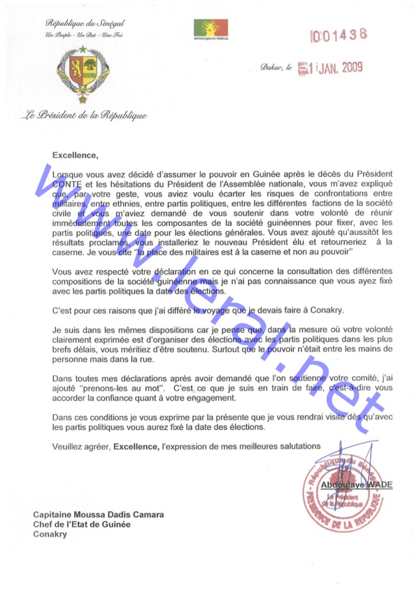 ECLAIRAGE DE Ahmeth Khalifa Niass: Wade a toujours demandé à Moussa Dadis Camara d'organiser les élections et de partir ( Document ) ECLAIRAGE DE Ahmeth Khalifa Niass: Wade a toujours demandé à Moussa Dadis Camara d'organiser les élections et de partir ( Document )