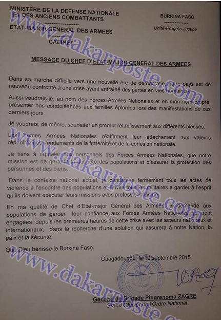 Burkina : le général Zagré, chef d’état-major, condamne les « violences à l’encontre des populations » Burkina : le général Zagré, chef d’état-major, condamne les « violences à l’encontre des populations »