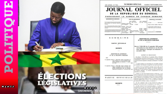 Législatives anticipées 2024 : Le président de la République publie le décret convoquant le corps électoral le 17 novembre prochain. Législatives anticipées 2024 : Le président de la République publie le décret convoquant le corps électoral le 17 novembre prochain.