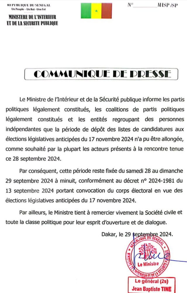 URGENT-Le ministre de l'Intérieur, Jean Baptiste Tine, annonce que le dépôt des listes de candidatures aux législatives ne sera pas... rallongé