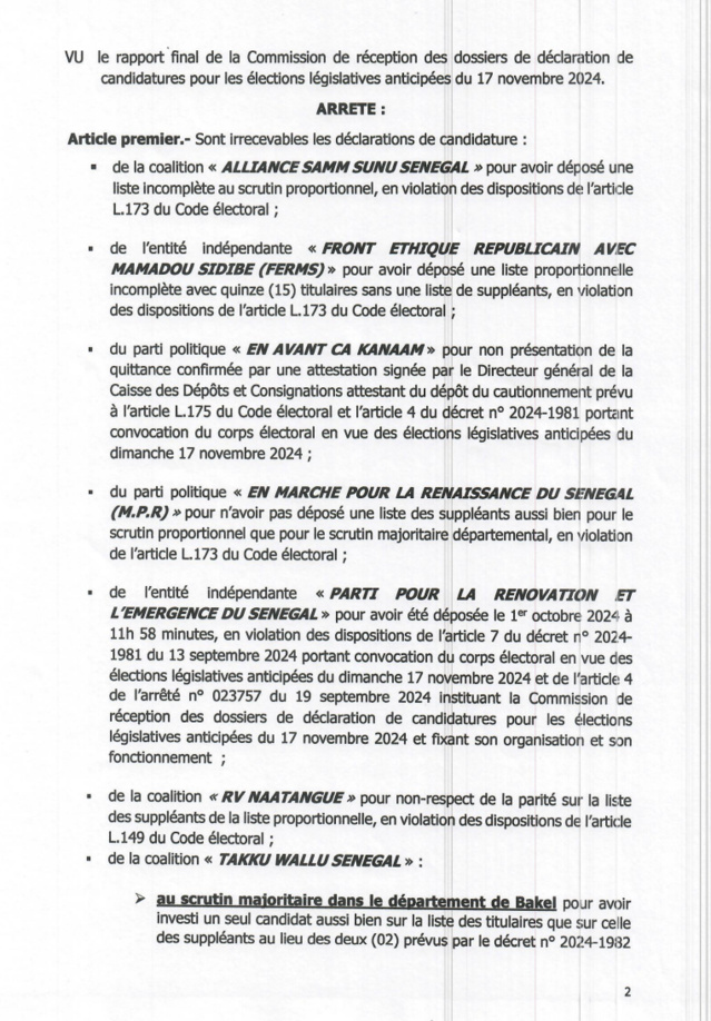Législatives du 17 novembre 2024 : Voici les candidatures rejetées et celles qui sont validées Législatives du 17 novembre 2024 : Voici les candidatures rejetées et celles qui sont validées