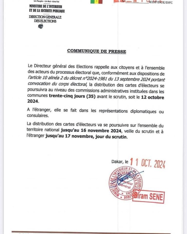 Politique Législatives du 17 novembre : Les Sénégalais ont jusqu'au 16 novembre pour retirer leur carte d'électeur Politique Législatives du 17 novembre : Les Sénégalais ont jusqu'au 16 novembre pour retirer leur carte d'électeur