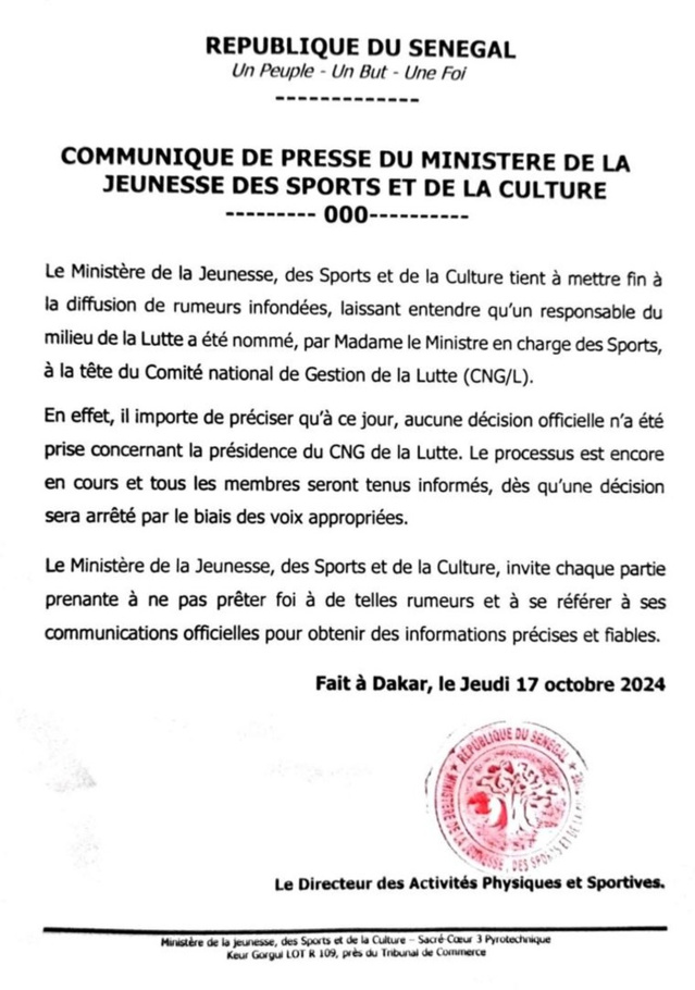 Nomination à la présidence du CNG : le Ministère des Sports dément les rumeurs sur la nomination de l'arbitre Malick Ngom ! Nomination à la présidence du CNG : le Ministère des Sports dément les rumeurs sur la nomination de l'arbitre Malick Ngom !