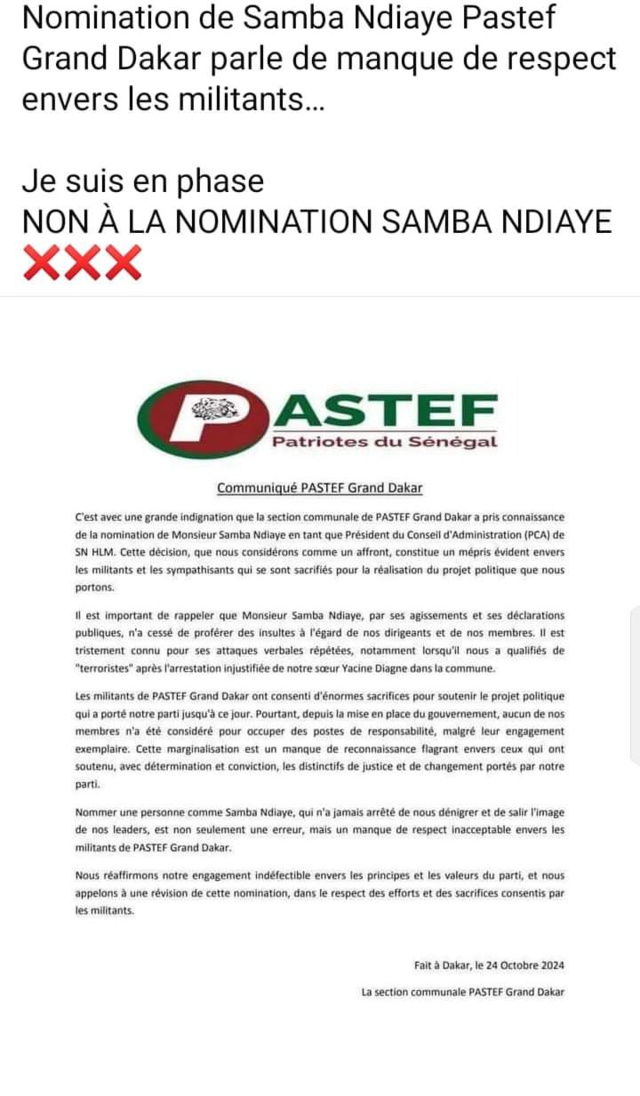 PASTEF- une vague de protestation suite à la nomination de... Samba Ndiaye ! PASTEF- une vague de protestation suite à la nomination de... Samba Ndiaye !