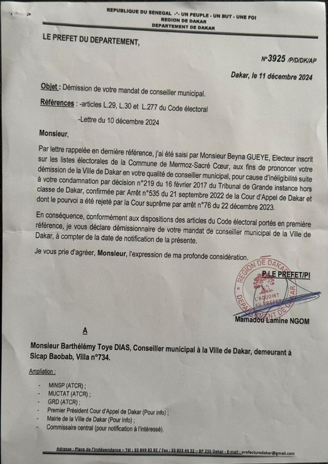 [Documents] Destitution de la mairie de Dakar : Barthélémy Dias a reçu et déchargé la notification du préfet