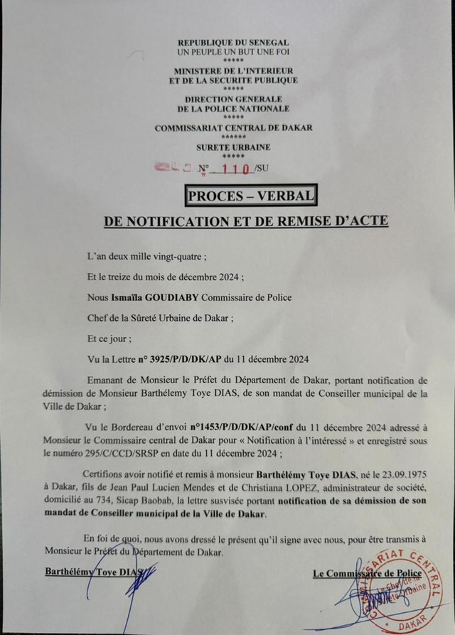 [Documents] Destitution de la mairie de Dakar : Barthélémy Dias a reçu et déchargé la notification du préfet