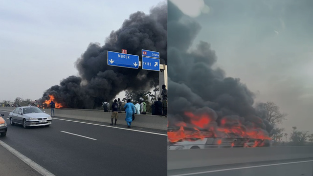 Incendie d’un bus sur l’autoroute à Diamniadio : circulation perturbée Incendie d’un bus sur l’autoroute à Diamniadio : circulation perturbée