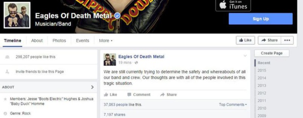 Le groupe de musique qui jouait au Bataclan réagit sur Facebook Le groupe de musique qui jouait au Bataclan réagit sur Facebook