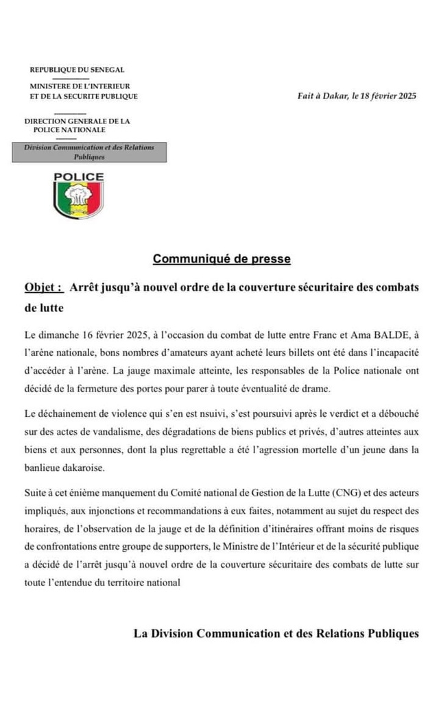 Arrêt jusqu’à nouvel ordre de la couverture sécuritaire des combats de luttel Arrêt jusqu’à nouvel ordre de la couverture sécuritaire des combats de luttel