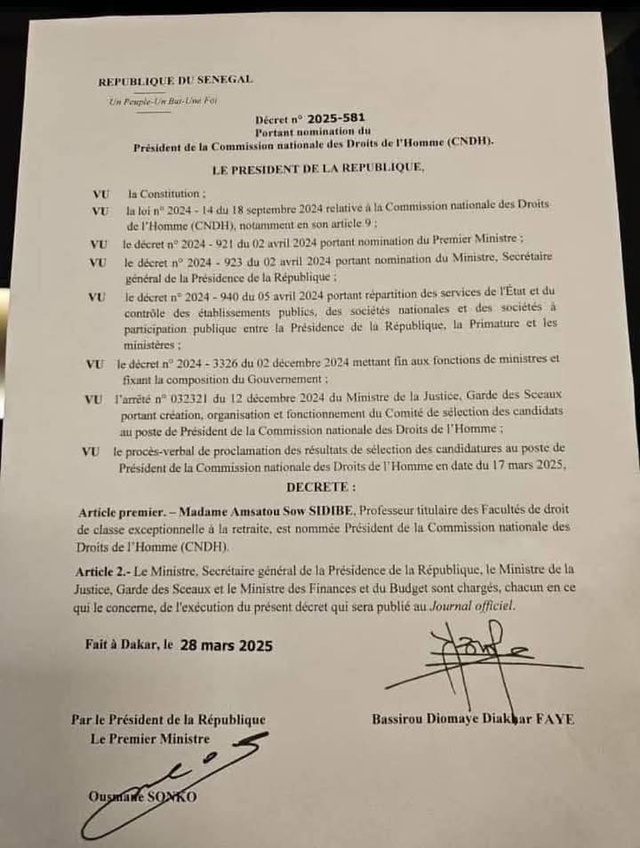 Présidence de la Commission Nationale des Droits de l’Homme - Le Pr Bassirou Diomaye Faye nomme Amsatou Sow Sidibe Présidence de la Commission Nationale des Droits de l’Homme - Le Pr Bassirou Diomaye Faye nomme Amsatou Sow Sidibe