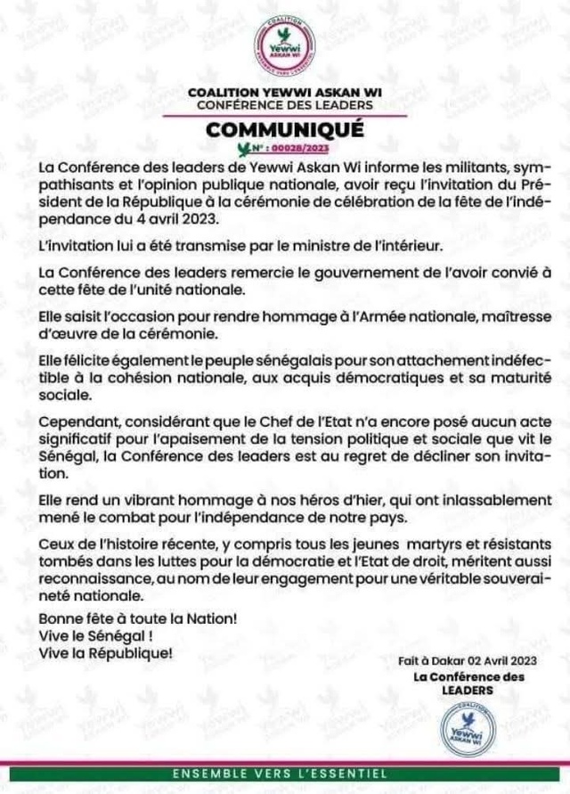 Célébration du 4 avril : Les leaders de l'opposition déclinent l’invitation du Pr Diomaye Faye Célébration du 4 avril : Les leaders de l'opposition déclinent l’invitation du Pr Diomaye Faye