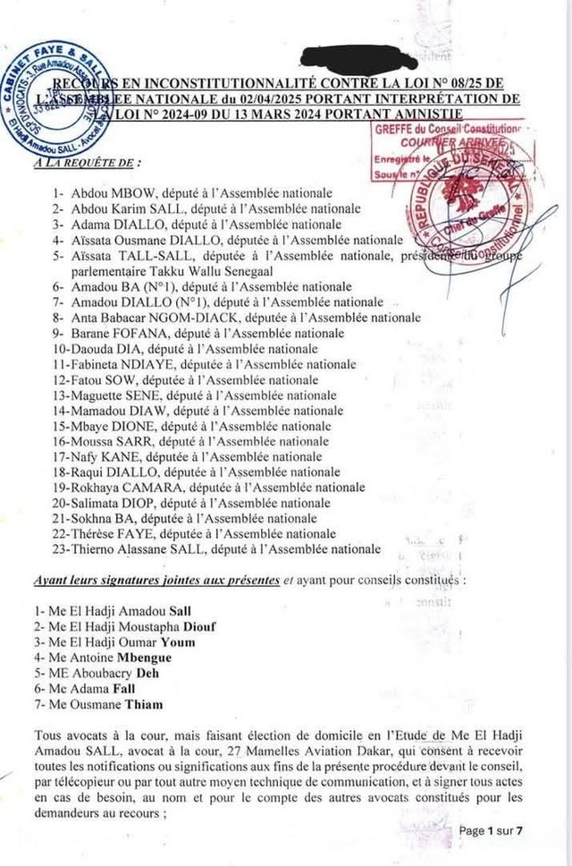 Voici le recours de l’opposition parlementaire contre la loi portant interprétation de la loi d’amnistie ! Voici le recours de l’opposition parlementaire contre la loi portant interprétation de la loi d’amnistie !