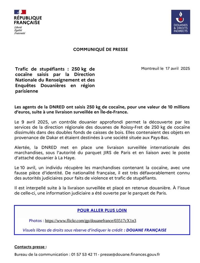  France: la douane saisit 250 kg de cocaïne en provenance de Dakar