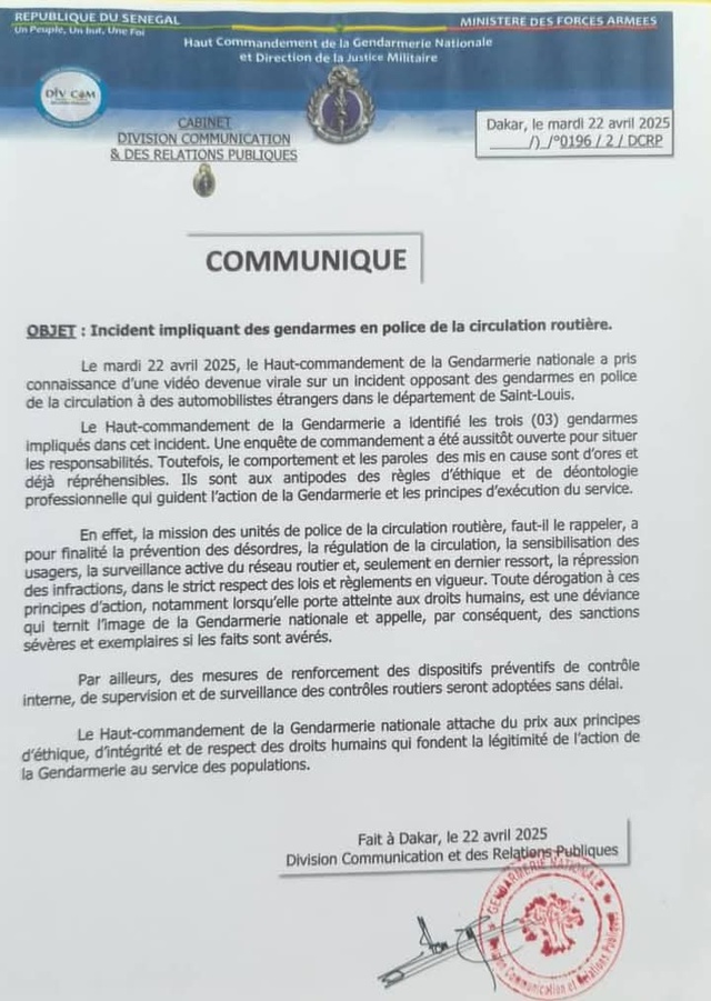 Saint-Louis : trois gendarmes impliqués dans un incident encourent de sévères sanctions