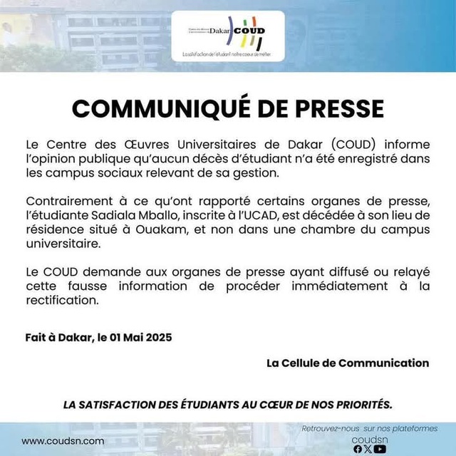 Etudiante retrouvée morte- Les précisions du COUD Etudiante retrouvée morte- Les précisions du COUD